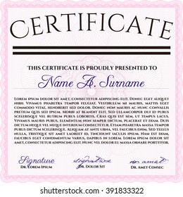 Classic Certificate template. Money Pattern design. Pink color.