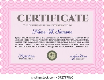 Classic Certificate template. Money Pattern design. With great quality guilloche pattern. Award. Pink color.