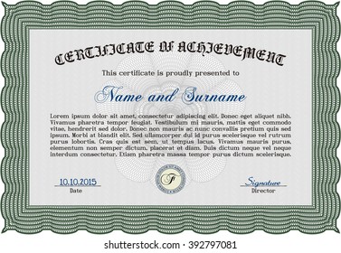 Classic Certificate template. Money Pattern design. With great quality guilloche pattern. Award. Green color.