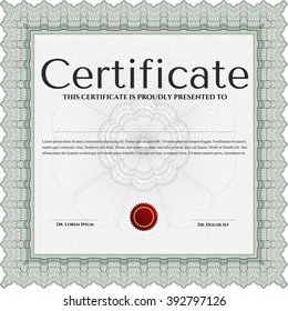 Plantilla de certificado clásica. Diseño del patrón de dinero. Con un patrón de guilloche de gran calidad. Premio. Color verde.