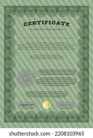 Classic Certificate template.  Money style design.  With complex background.    Green color.