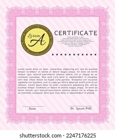 Plantilla de certificado clásica.  Diseño superior.   Ilustración vectorial.  Color rosa.