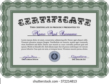 Classic Certificate templateMoney Pattern design. Award. With great quality guilloche pattern. Green color.