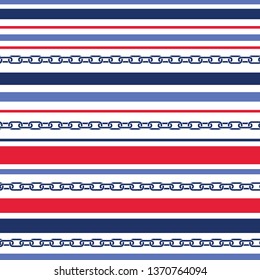 Classic Chains and Horizontal Stripes Stripes Vector Seamless Pattern. White, Red and Blue Marine Background