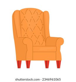 Classic chair with high back and soft armrests. Yellow fabric upholstery. A cozy place to read or relax. Vector illustration isolated on white background. Furniture design for living room or office.