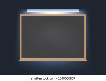 Classic chalk rubbed out school board blackboard. Horizontal wooden frame under electric light, empty space to add copy. Vector illustration simple style concept for education, advertisement, notice.