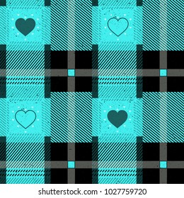 Classic check blue plaid seamless pixel fabric texture. heart Vector illustration.