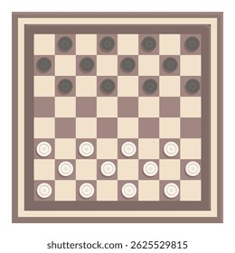 Classic checkers game is being played, with black and white pieces arranged on a wooden board