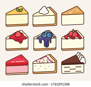 Classic cheese cake with different flavor: soft cheese, strawberry, blueberry, raspberry, jelly, blackberry, chocolate cookie and cream. Traditional sweet dessert design icon vector illustration flat.