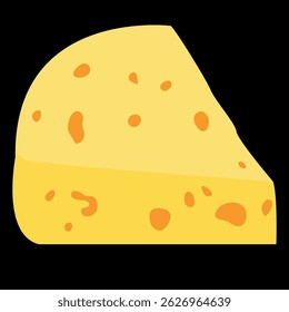 Classic cheese with holes. A piece of hard yellow cheese vector drawing on a black background.