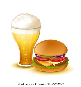 Classic cheeseburger with beer isolated on white background