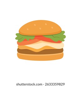 Classic cheeseburger. Burger with sesame seed bun, lettuce, tomato, cheese, and a meat patty. Fast food icon for restaurant menus, mobile apps, websites, food delivery platforms. Isolated on white.