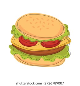 Hamburguesa con queso clásica, Vector de estilo Doodle, ilustración. Colorido contorno doodle ilustración de la hamburguesa de queso clásico con tomate, lechuga, queso y hamburguesa de carne. Ideal para Anuncios de comida rápida y gráficos publicitarios.