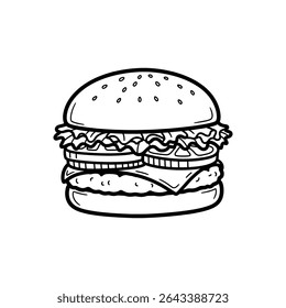 Classic Cheeseburger with Lettuce, Tomato and Patty – Delicious Fast Food Icon for Restaurant Branding – Vector Illustration