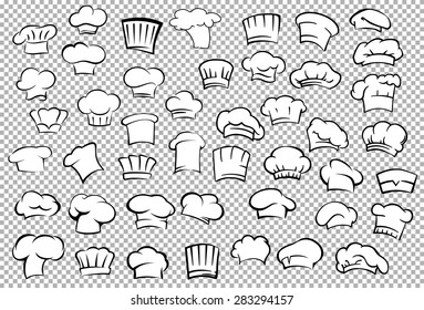 Classic chef toques and baker hats in outline sketch style on gray checkered background for restaurant or cafe kitchen staff uniform design