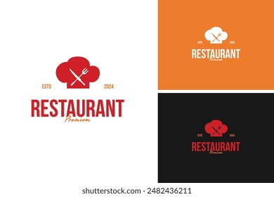 The classic chef's hat with a fork logo design on one side and a knife on the other for restaurant or BBQ. Vector illustration template idea