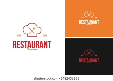 El clásico sombrero de chef con un diseño de logotipo de tenedor en un lado y un cuchillo en el otro para el restaurante o barbacoa. idea de Plantilla de Ilustración vectorial
