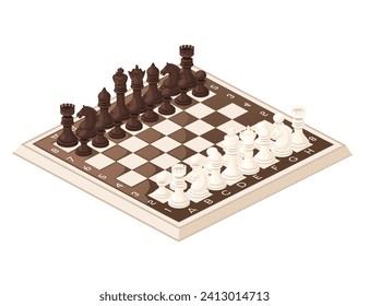 Classic chessboard and set of white and black chess figure vector illustration isolated on white background