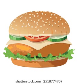 Ilustración vectorial clásica de hamburguesa de pollo con lechuga y tomate