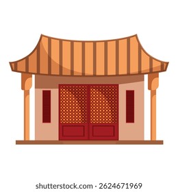 Classic chinese architecture showcasing a building with a distinctive curved roof, red doors, and intricate details