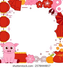 Classic Chinese elements 2031 pig lunar lantern festival CNY vector graphic line style square frame scroll board decoration 
