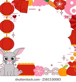 Classic Chinese elements 2035 bunny rabbit lunar lantern festival CNY vector graphic line style square frame scroll board decoration

