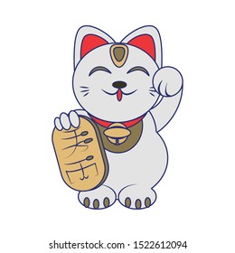 Classic Chinese Lucky Waving Cat icon over white background, vector illustration