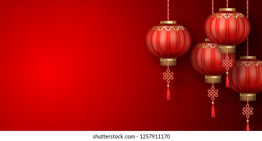 Classic Chinese new year background. Hanging paper lanterns on red background