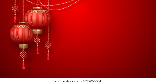 Classic Chinese new year background. Hanging paper lanterns on red background