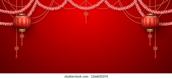 Classic Chinese new year background. Hanging silk lanterns and flower garlands on red background Classic Chinese new year background. Hanging silk lanterns and flower garlands on red background