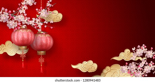 Classic Chinese new year background. Hanging silk lanterns and spring blooming branches on red background