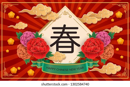 Classic Chinese new year background with Chinese language lettering text (spring).