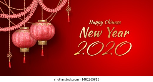 Classic Chinese new year background. Hanging silk lanterns and flower garlands on red background