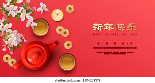 Classic Chinese new year background. Teapot, tea cup, peach blossoms, candle and gold coin. Top view vector illustration. Chinese inscription 'Happy New Year'