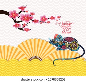 Classic Chinese new year blossom and oriental folding Paper Fan. Year of the rat