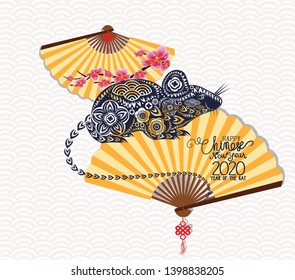 Classic Chinese new year blossom and oriental folding Paper Fan. Year of the rat