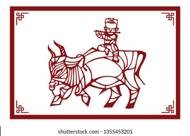 The Classic Chinese Papercutting Style Illustration, A Buffalo And A Shepherd Boy