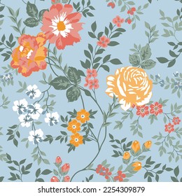 classic chintz floral repeat pattern on blue background. Shabby chic vintage roses, tulips and forget-me-nots vintage seamless pattern, 