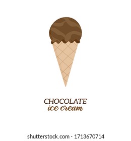 Classic chocolate ice cream vector illustration. Sweet dairy or vegan chocolate flavored ice cream in waffle cone. Isolated.  