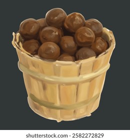 A classic chocolate truffle filled bucket illustration. Perfect for dessert branding, logo designs, and sweet treat packaging.