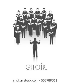 Classic choir performance with sheet music led by conductor dressed in black on white background vector illustration
