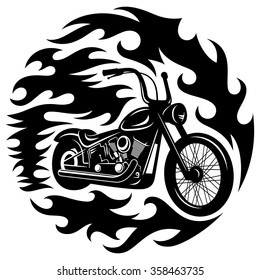 Classic chopper motorcycle with spurts of flame. T-shirt print graphics