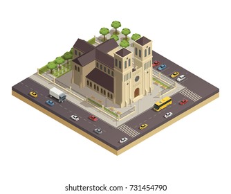 Classic christian cathedral church building in city center with adjacent busy streets isometric composition vector illustration 