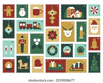 Classic Christmas Advent Calendar Stamps with Traditional Holiday Symbols on Light Background