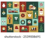 Classic Christmas Advent Calendar with Traditional Holiday Icons in Festive Colors