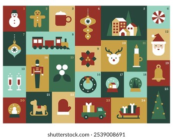 Classic Christmas Advent Calendar with Traditional Holiday Icons in Festive Colors