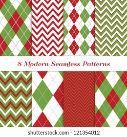 Classic Christmas Backgrounds. 8 Seamless Chevron and Argyle Patterns in Green, Dark Red, White and Silver. Global colors - easy to change all patterns. Nice background for Scrapbook or Photo Collage.