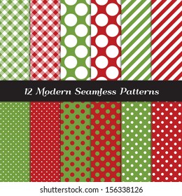 Classic Christmas Backgrounds. Red and Green Jumbo Polka Dot, Gingham and Stripes Seamless Patterns. Pattern Swatches made with Global Colors. Matches my other patterns Image ID: 121354012.