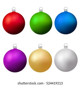 Classic christmas balls set. Isolated six new year baubles in different colors design elements. Vector illustration