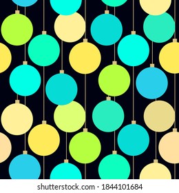 Classic Christmas baubles - seamless vector pattern with turquoise- yellow - green balls on black background